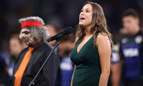 Olivia Fox sings the Australian anthem in Eora language before a Wallabies match in early December. — Courtesy photo