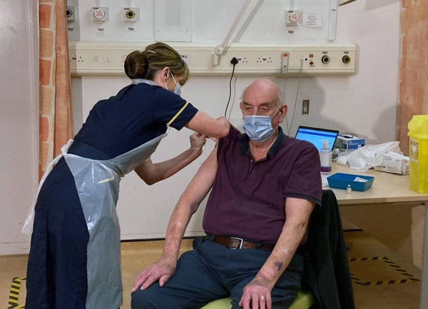 Brian Pinker, 82, was the first to be vaccinated with the AstraZeneca and Oxford University vaccine in Oxford 