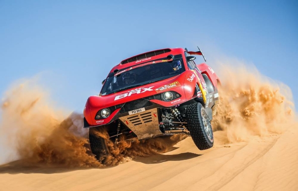 Nasser Al Attiyah with Chairman of Saudi Auto Federation Prince Khalid Sultan Bin Abdullah Al Faisal during the Dakar Rally.