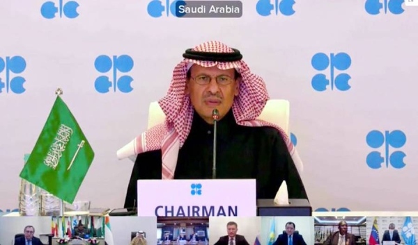 Energy Minister Prince Abdulaziz Bin Salman, chairman of the OPEC and non-OPEC Ministerial Meeting, seen chairing the meeting on Monday. The groupin arrived at a deal in the reconvened meeting on Tuesday.