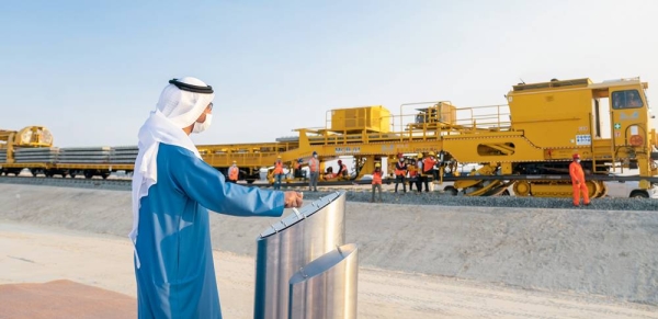 Sheikh Hamdan Bin Zayed Al Nahyan, the ruler's representative in Al Dhafra Region, inaugurated track-laying works across Al Dhafrah Region in Package A of Stage Two of the UAE’s national railway, during his visit to Etihad Rail’s railhead in Al Ruwais.