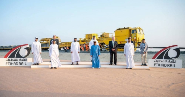 Sheikh Hamdan Bin Zayed Al Nahyan, the ruler's representative in Al Dhafra Region, inaugurated track-laying works across Al Dhafrah Region in Package A of Stage Two of the UAE’s national railway, during his visit to Etihad Rail’s railhead in Al Ruwais.