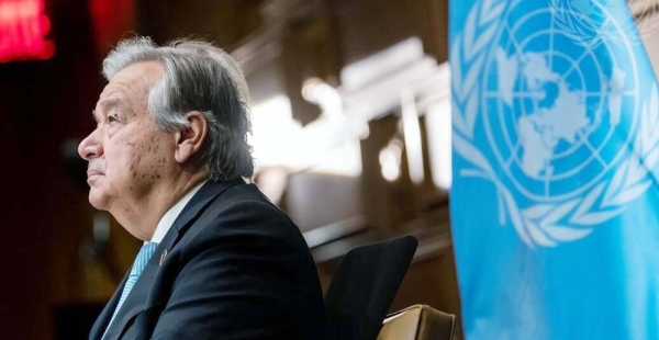 The UN Secretary-General, António Guterres, attends a virtual meeting marking the 75th anniversary of the first United Nations General Assembly which took place in London in January 1946. — courtesy UN Photo/Mark Garten