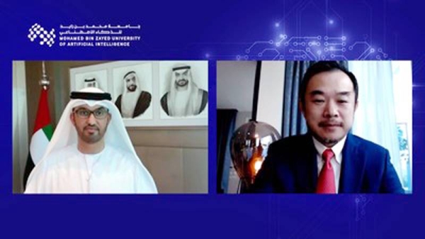Dr. Sultan Ahmed Al Jaber, UAE minister of industry and Advanced Technology and chairman of the MBZUAI Board of Trustees, and Professor Dr. Eric Xing, president of MBZUAI, at the welcoming of ts first student cohort.