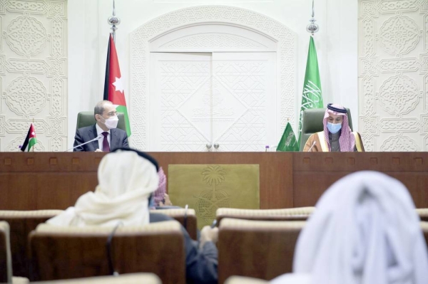 Saudi Arabia’s Foreign Minister Prince Faisal Bin Farhan and his Jordanian counterpart Ayman Al-Safadi at a joint press conference following their meeting in Riyadh.