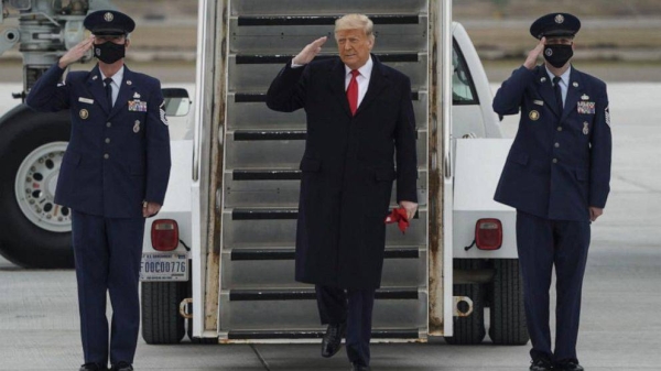 US President Donald Trump touted his achievements during his four-year term while speaking to supporters at Joint Base Andrews on Wednesday morning as he left Washington on his final day in office.— Courtesy photo

