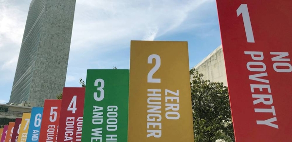 
Sustainable Development Goals (SDGs) banners outside the United Nations Headquarters in New York. Sept, 20, 2019. — courtesy UN News/Conor Lennon