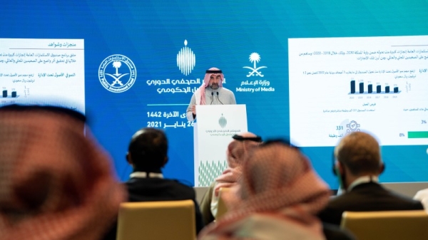 Yasir Al-Rumayyan, governor of Public Investment Fund (PIF) speaking at a press conference in Riyadh today. 