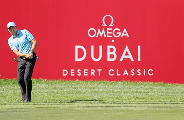 Richard Sterne of South Africa plays his second shot on the second during Day One of the Omega Dubai Desert Classic at Emirates Golf Club on Thursday in Dubai, United Arab Emirates. (Photo by Warren Little)