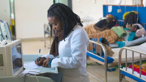 A nurse provides care for cancer patients undergoing chemotherapy in a hospital in Burera District, Rwanda. —courtesy UNICEF/Karel Prinsloo