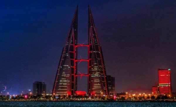Landmarks in Bahrain lit up this evening in red, to salute the success of the UAE Hope Probe in reaching its Mars orbit,  a first in the Arab world. — BNA photos