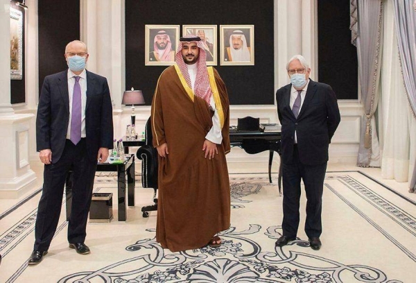Saudi Arabia’s Deputy Defense Minister Prince Khalid Bin Salman, center, received here on Wednesday the UN secretary-general's special envoy to Yemen, Martin Griffiths, right, and the US envoy for Yemen, Timothy Lenderking.