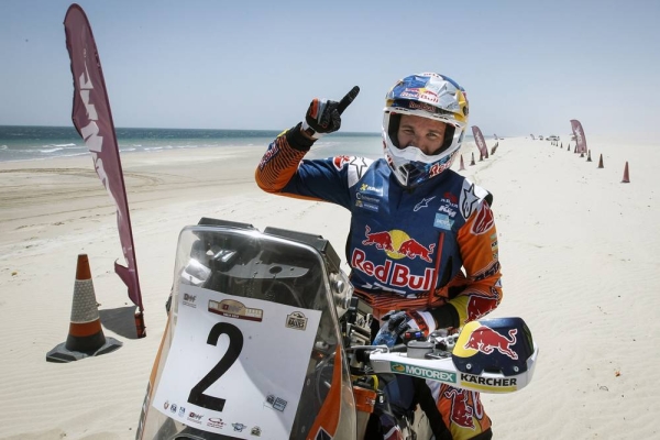 Sam Sunderland celebrates his win in Qatar in 2017.