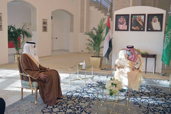 Minister of Foreign Affairs Prince Faisal Bin Farhan presented here Monday King Abdulaziz Second Class Scarf to Sheikh Shakhbout Bin Nahyan Bin Mubarak Al Nahyan.