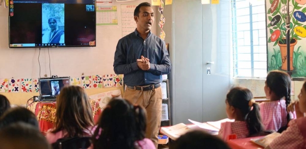 Global Teacher Award 2020 winner Ranjitsinh Disale in his classroom. — courtesy Vaibhav Gadekar