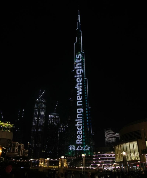 The world’s tallest building, Burj Khalifa lit up to celebrate the launch of 200th LuLu Hypermarket.