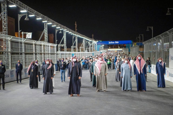 Crown Prince Muhammad Bin Salman, deputy prime minister and minister of defense, and Minister of Sports Prince Abdulaziz Bin Turki Al-Faisal at the Diriyah Formula E Race 2021 on Saturday.