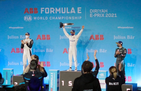 Crown Prince Muhammad Bin Salman, deputy prime minister and minister of defense, and Minister of Sports Prince Abdulaziz Bin Turki Al-Faisal at the Diriyah Formula E Race 2021 on Saturday.