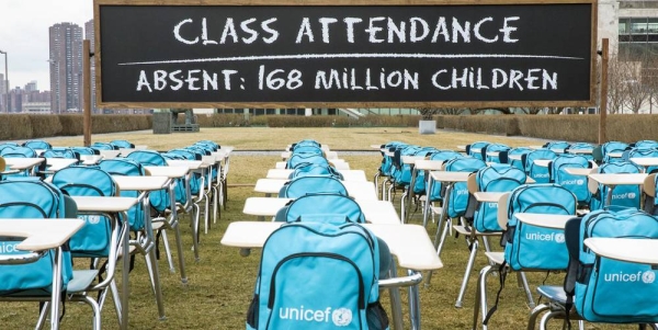 UNICEF’s ‘Pandemic Classroom’ at the UN Headquarters in New York. Each empty desk and chair represents the million children living in countries where schools have been almost entirely closed. — courtesy UNICEF/Chris Farber/UNICEF via Getty Images