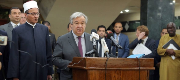 Secretary-General António Guterres speaks at the Al-Azhar Mosque in Cairo, expressing his solidarity and underscoring the need to fight the scourge of Islamophobia, as well as all forms of hatred and bigotry, in this April 2, 2019 file picture. — Courtesy photo