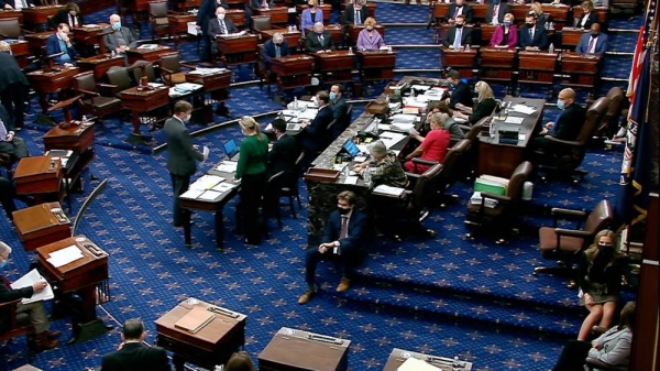 The Senate passed a $1.9-trillion COVID-19 relief package Saturday, scaling back unemployment benefits, approved by the House and narrowing the number of Americans who receive $1,400 payments in an effort to get a bill to President Joe Biden as early as next week. — courtesy Senate TV