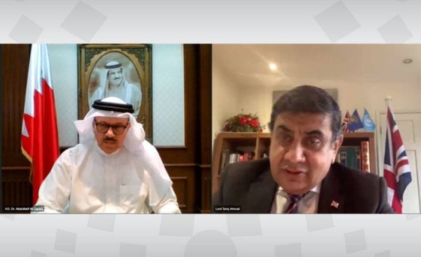 Bahrain's Foreign Minister Abdullatif Al-Zayani, left, held on Wednesday a virtual meeting with the UK Minister for Human Rights, Lord Tariq Ahmed. — BNA photo