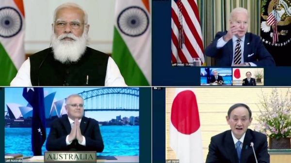 The leaders of Australia, India, Japan and US during the Quad Virtual Summit on Friday.