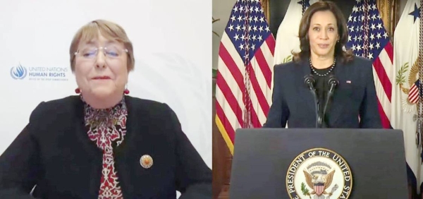 Michelle Bachelet, UN High Commissioner for Human Rights (left); and Kamala Harris, US Vice President (right) address the 65th session of the Commission on the Status of Women. — courtesy UN News