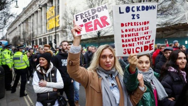 In the UK at least 36 people were arrested and several police officers injured during an anti-lockdown protest in London. — courtesy Twitter