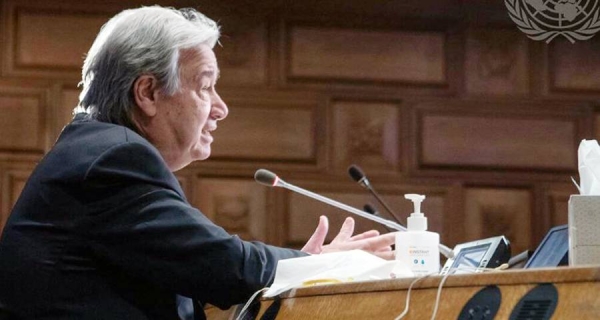 UN Secretary-General António Guterres participates in a virtual briefing to update member states on preparations for COP26 in Glasgow, UK. — courtesy UN Photo/Eskinder Debebe