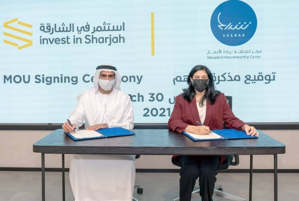 The MoU, which officially declared Invest in Sharjah as Sheraa’s Strategic Partner, was signed by Najla Al Midfa, CEO of Sheraa, and Mohamed Juma Al Musharrkh, CEO, Invest in Sharjah, Tuesday at the Sharjah Investors Services Centre (Saeed) in Al Qasba. 