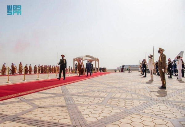 Iraqi Prime Minister Mustafa Al-Kadhimi was received by Crown Prince Muhammad Bin Salman, deputy premier and minister of defense, at King Khalid International Airport in Riyadh. — SPA photos