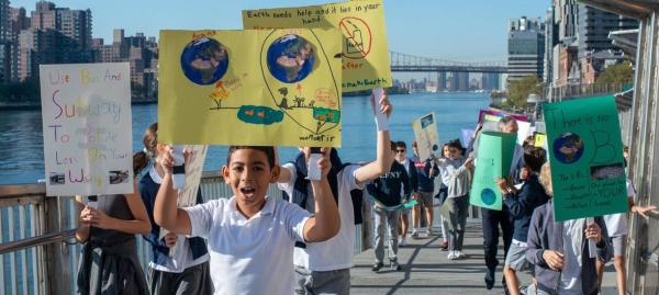 Students of the primary section of the Lycée français de New York (French School) protest climate change in the city’s Upper East Side neighborhood in this courtesy file photo.