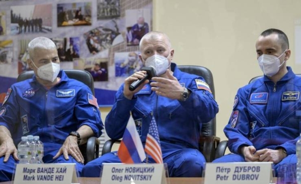 Russian space agency Roscosmos cosmonauts Oleg Novitskiy, center, and Pyotr Dubrov, right, and NASA astronaut Mark Vande Hei, left, successfully launched to the International Space Station from the Baikonur Cosmodrome in Kazakhstan on Friday. — Courtesy BNA
