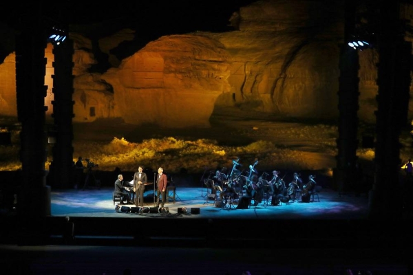 Maestro Andrea Bocelli, gave a stunning performance within the surrounds of the UNESCO World Heritage Site, Hegra Friday night. Performers included (Left to right) Matteo Bocelli, Eugene Kohn, Francesca Maionchi, Loren Allred, Andrea Bocelli and Virginia Bocelli. — courtesy photo Francois Nel/Getty Images for The Royal Commission for AlUla