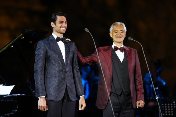 Maestro Andrea Bocelli, gave a stunning performance within the surrounds of the UNESCO World Heritage Site, Hegra Friday night. Performers included (Left to right) Matteo Bocelli, Eugene Kohn, Francesca Maionchi, Loren Allred, Andrea Bocelli and Virginia Bocelli. — courtesy photo Francois Nel/Getty Images for The Royal Commission for AlUla