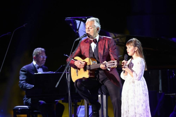 Maestro Andrea Bocelli, gave a stunning performance within the surrounds of the UNESCO World Heritage Site, Hegra Friday night. Performers included (Left to right) Matteo Bocelli, Eugene Kohn, Francesca Maionchi, Loren Allred, Andrea Bocelli and Virginia Bocelli. — courtesy photo Francois Nel/Getty Images for The Royal Commission for AlUla