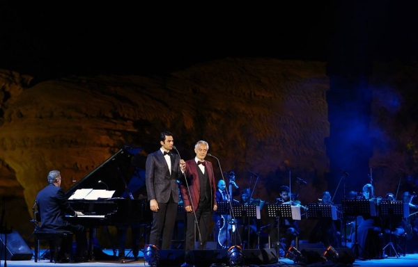 Maestro Andrea Bocelli, gave a stunning performance within the surrounds of the UNESCO World Heritage Site, Hegra Friday night. Performers included (Left to right) Matteo Bocelli, Eugene Kohn, Francesca Maionchi, Loren Allred, Andrea Bocelli and Virginia Bocelli. — courtesy photo Francois Nel/Getty Images for The Royal Commission for AlUla