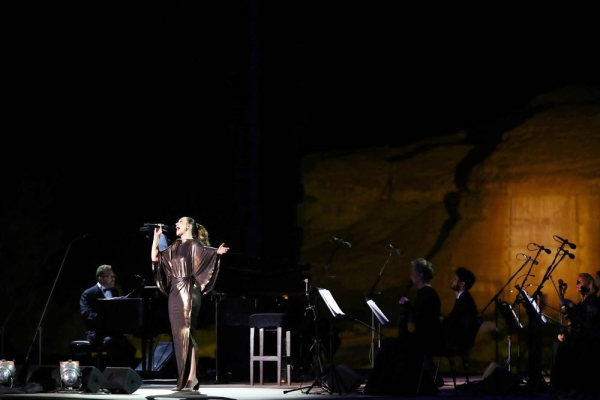 Maestro Andrea Bocelli, gave a stunning performance within the surrounds of the UNESCO World Heritage Site, Hegra Friday night. Performers included (Left to right) Matteo Bocelli, Eugene Kohn, Francesca Maionchi, Loren Allred, Andrea Bocelli and Virginia Bocelli. — courtesy photo Francois Nel/Getty Images for The Royal Commission for AlUla