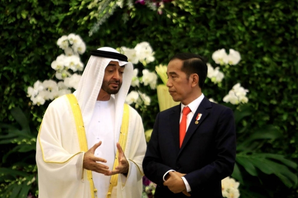 Indonesian President Joko Widodo, right, and Abu Dhabi Crown Prince Sheikh Mohamed Bin Zayed Al-Nahyan are seen in this file courtesy photo.