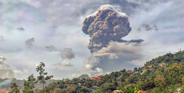 Plumes of ash billow from the La Soufrière volcano on the island of St. Vincent and the Grenadines, which started erupting on April 9. — courtesy Navin Pato Patterson