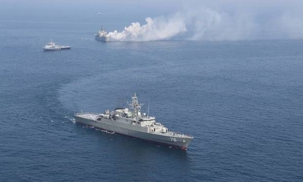 Iranian warships are seen during a joint naval exercise with the Russian Navy in the Indian Ocean in this courtesy file photo.