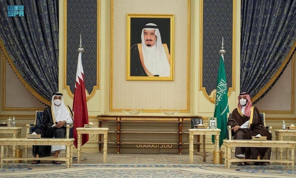 Crown Prince Muhammad Bin Salman met with Qatar’s Emir Sheikh Tamim Bin Hamad at the Royal Court at Al-Salam Palace here early Tuesday.