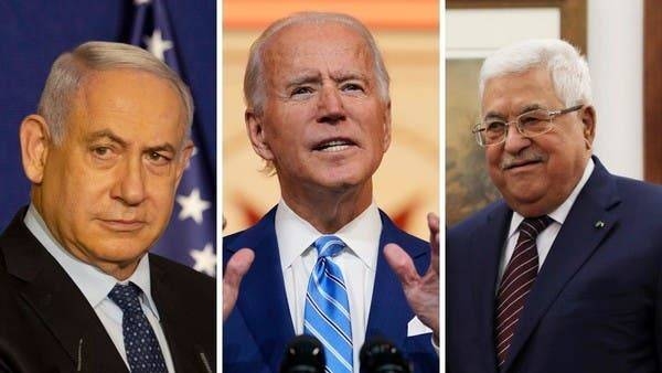 US President Joe Biden, center, is seen with Israeli Prime Minister Benjamin Netanyahu, left, and Palestinian Authority President Mahmoud Abbas in this file combination picture. — Courtesy photo