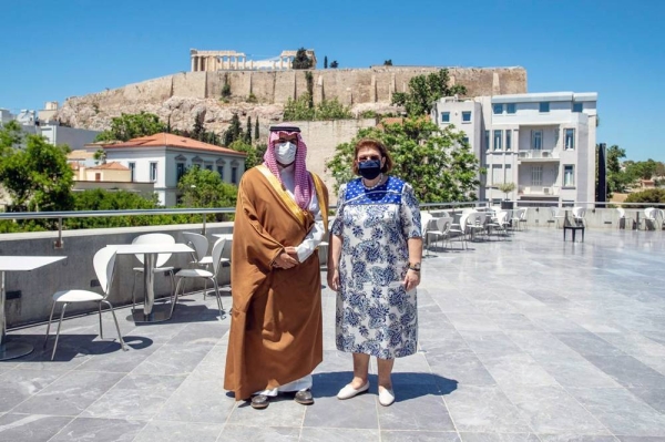 Minister of Culture Prince Badr Bin Abdullah bin Farhan met on Wednesday at the Acropolis Museum in the Greek capital Athens with his counterpart Minister of Culture and Sports of the Hellenic Republic Dr. Lina Mendoni.