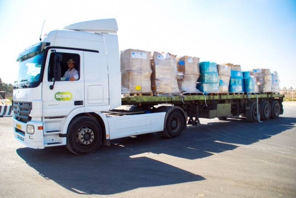 Aid supplies arrive in the southern Gaza Strip after passing through the Kerem Shalom crossing. — courtesy Twitter