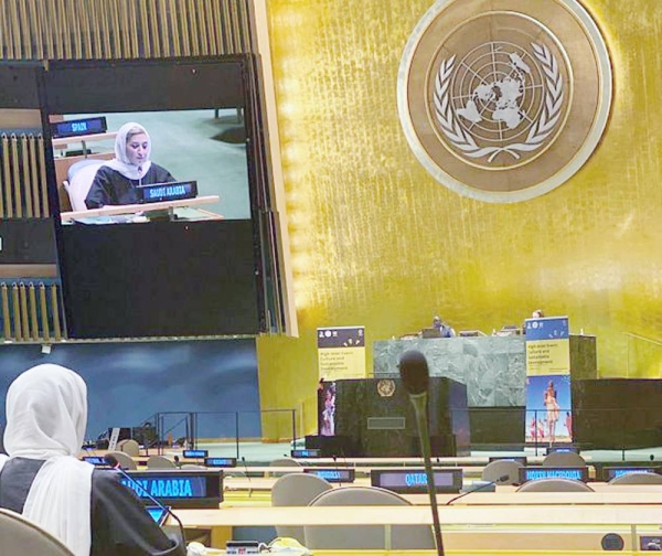 Chair of the Second Committee in the Kingdom's permanent delegation to the UN, Sarah Ashour, delivering her speech.