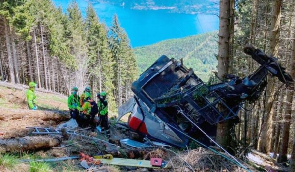 Recent photo of cable car crash in Italy that killed 14 people. A judge indicated that most of the blame fell on just one of them among the three arrested, a service technician.