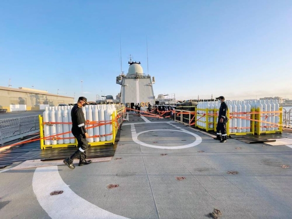 As part of Operation Samudra Setu II (Ocean Bridge), INS Tarkash, an Indian Navy Warship called at Dammam Port on Wednesday to take on medical equipment to support India’s fight against COVID-19.