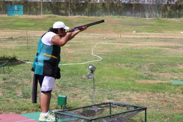 A member of the Saudi shooting team that won the second place and the silver medal in the finals of skeet shooting event in the Arab Tournament in Cairo.